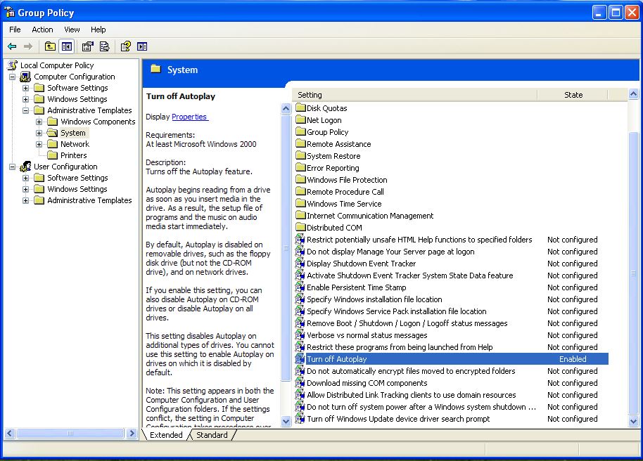 Group Policy Editor: Turning off Auto Play for USB Flash Drives