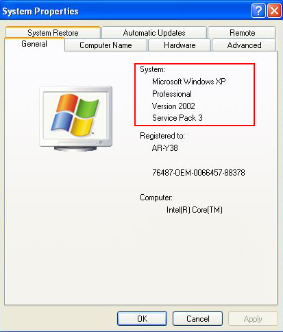 Windows XP System Properties: checking for Service Pack